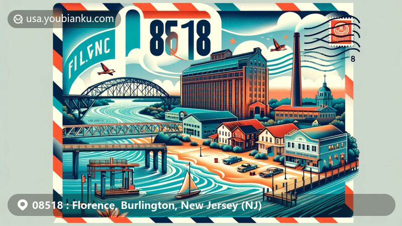 Modern illustration of Florence, Burlington County, New Jersey, showcasing ZIP code 08518 with Roebling Steel Mill, Delaware River, Florence Hotel, and community features, combined with vintage postal elements.