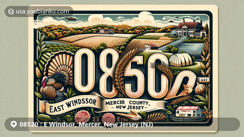 Modern illustration of East Windsor, Mercer County, New Jersey, highlighting postal theme with ZIP code 08520, featuring rolling fields, Lee Turkey Farm, and Etra Lake Park.