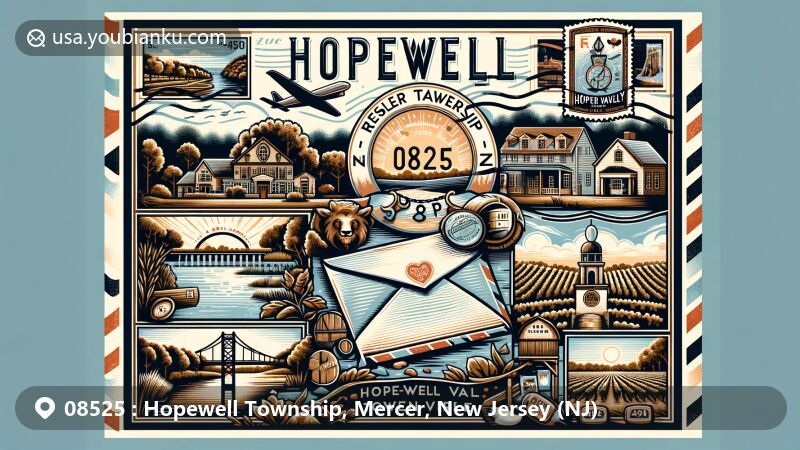 Modern illustration of Hopewell Township, Mercer County, New Jersey, showcasing postal theme with ZIP code 08525, featuring Rosedale Park, Brick Farm Tavern, Hopewell Valley Vineyards, Bear Tavern Road Bridge, Mount Rose Distillery, and New Jersey state flag.