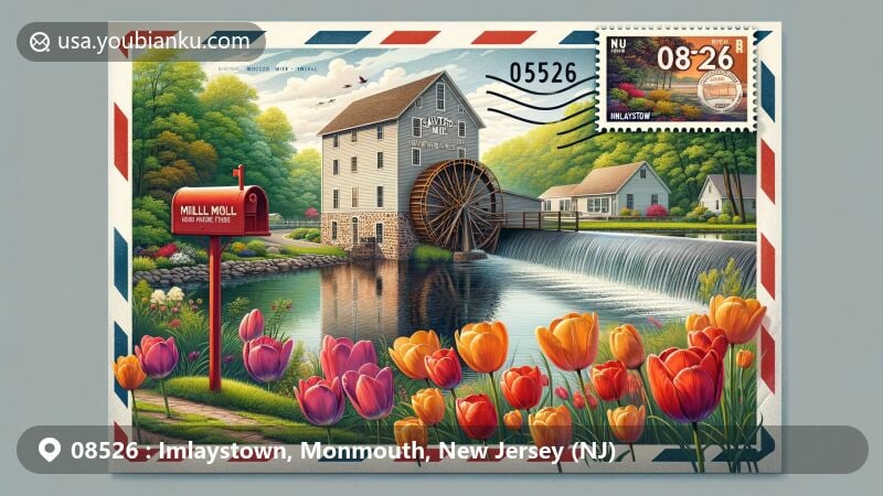Modern illustration of Imlaystown, Monmouth County, New Jersey, showcasing historic Salter's Mill and vibrant tulips from Holland Ridge Farms, with a backdrop of lush greenery and a tranquil millpond.