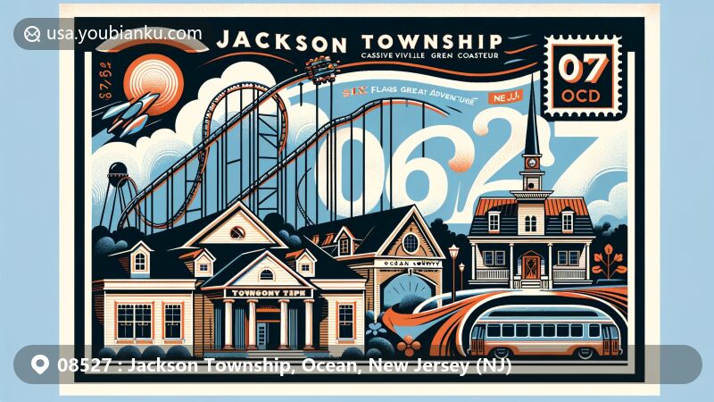 Modern illustration of Jackson Township, Ocean County, New Jersey, featuring Six Flags Great Adventure, Kingda Ka roller coaster, Cassville Crossroads Historic District elements, and New Jersey Pine Barrens backdrop.