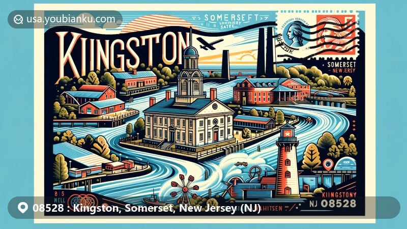 Modern illustration of Kingston, Somerset, New Jersey, featuring Rockingham Historic Site, Delaware and Raritan Canal, and Kingston Mill, with scenic backdrop of Millstone River Valley and postal theme showcasing New Jersey state flag stamp and 'Kingston, NJ 08528' postmark.