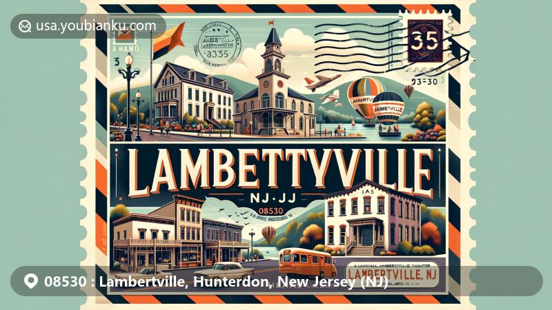 Modern illustration of Lambertville, Hunterdon, New Jersey, featuring postal theme with ZIP code 08530, showcasing key landmarks and cultural icons including Music Mountain Theater, A Mano Galleries, Haas Gallery, and Lambertville Station Inn.