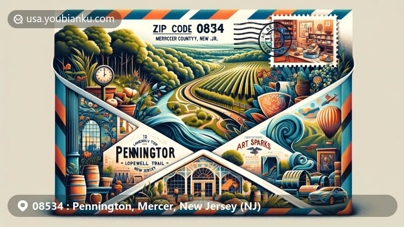 Stylized illustration of Pennington, Mercer County, New Jersey, depicting Lawrence Hopewell Trail, Hopewell Valley Vineyards, and The Art Sparks studio, with classic postal elements and airmail envelope.
