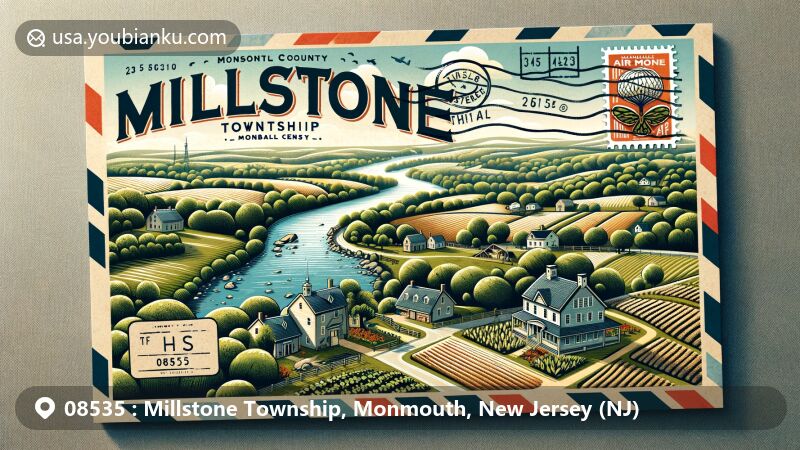 Modern illustration of Millstone Township, Monmouth County, New Jersey, styled as an air mail envelope with ZIP code 08535, showcasing serene natural beauty, Millstone River, farmlands, and historic colonial houses.