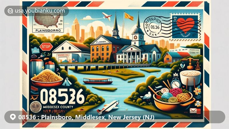 Modern illustration of Plainsboro, Middlesex County, New Jersey, featuring postcard style with vintage air mail envelope, showcasing local landmarks, culinary diversity, state symbols, and postal theme with ZIP code 08536.