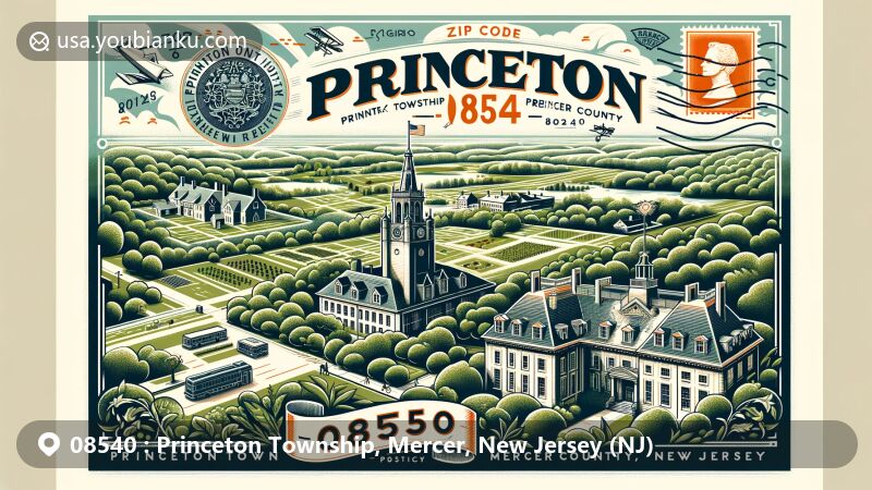 Modern illustration of Princeton Township, Mercer County, New Jersey, featuring iconic landmarks like Nassau Hall, Princeton Battlefield State Park, and Drumthwacket Governor's mansion, blending historical architecture with lush greenery and postal elements.