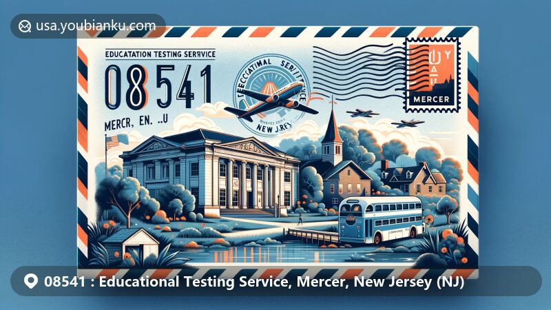 Modern illustration of Mercer County, New Jersey, featuring ETS building, Hunt House, and Princeton Battlefield State Park, with postal elements and ZIP code 08541.