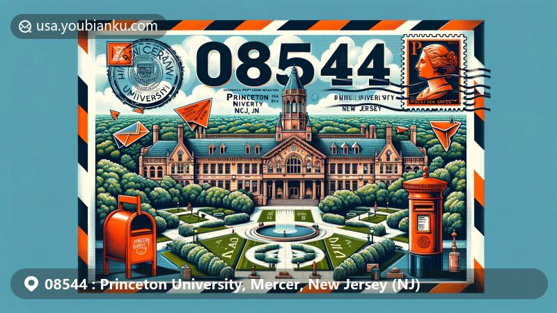 Modern illustration of Princeton University in Mercer, New Jersey, showcasing postal theme with ZIP code 08544, featuring iconic Nassau Hall and diverse architectural styles of the campus.