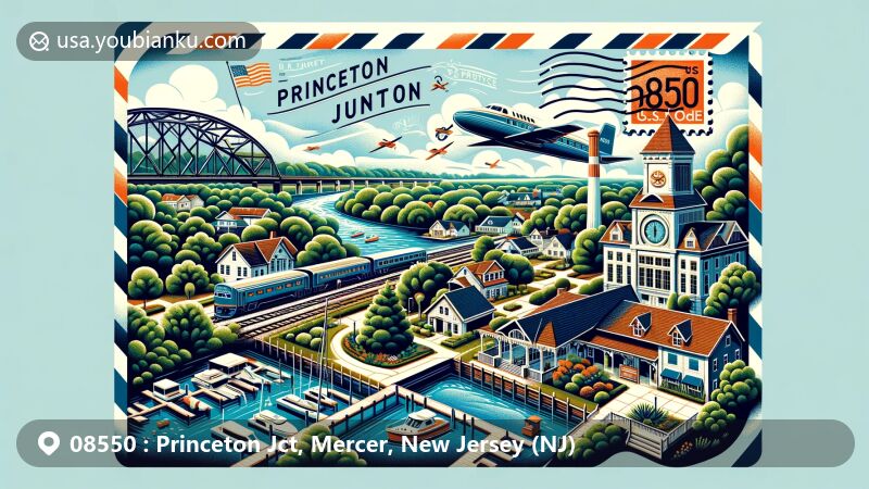 Modern illustration of Princeton Junction, Mercer County, New Jersey, featuring iconic elements like the train station, lush landscapes of Mercer County Park with marina and boathouse, suburban neighborhood, and vintage airmail envelope with ZIP code 08550.