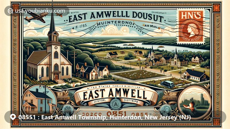 Modern illustration of Ringoes Historic District in East Amwell Township, Hunterdon, New Jersey (NJ), featuring vintage postal theme with ZIP code 08551, showcasing Saint Andrews Church, Highfields, and lush landscapes of Amwell Valley and The Sourlands.