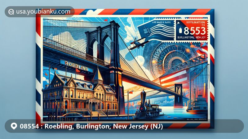 Modern illustration of Roebling, Burlington County, New Jersey, depicting postal theme with ZIP code 08554, featuring Roebling Museum and Brooklyn Bridge.