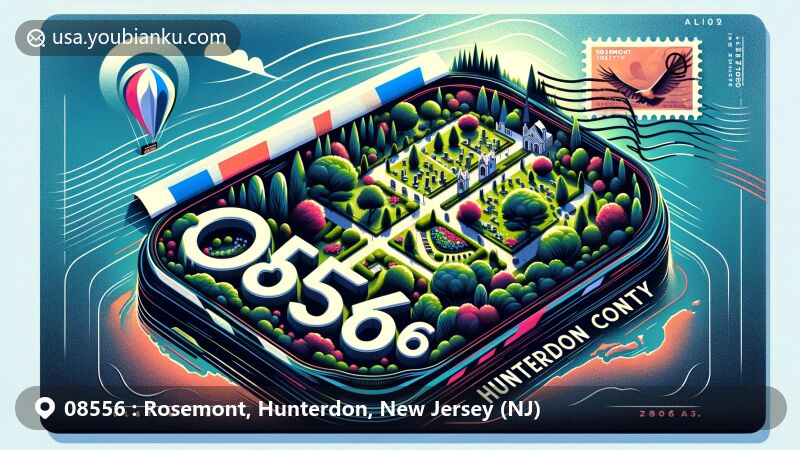 Modern illustration of Rosemont, Hunterdon County, New Jersey, featuring postal theme with ZIP code 08556, showcasing Rosemont Cemetery and Hunterdon County shape.