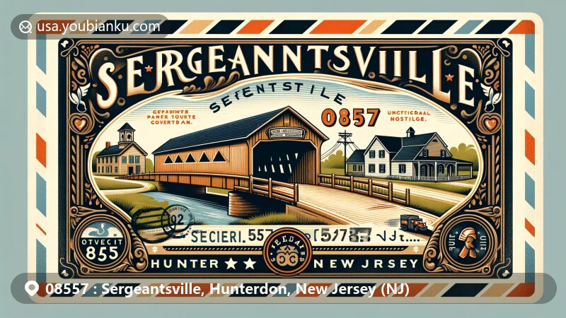 Modern illustration of Sergeantsville, Hunterdon County, New Jersey, showcasing vintage airmail envelope design with Green Sergeant's Covered Bridge and historic landmarks, reflecting town's quaint character and architectural heritage.