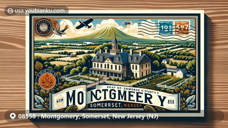 Modern illustration of Montgomery, Somerset County, New Jersey, showcasing ZIP code 08558 with Gulick House, Sourland Mountain, and Millstone River, integrating postal theme and historical architecture.