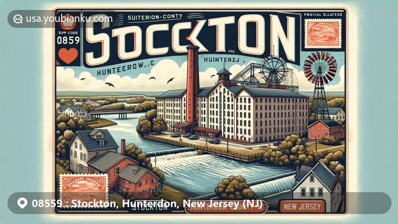 Modern illustration of Stockton, Hunterdon, New Jersey (NJ), featuring 19th-century Prallsville Mills, Victorian-era buildings, and the Delaware River, with Hunterdon County flag at the top and postal elements like postage stamp, postal cancellation mark, and ZIP code 08559 at the bottom.