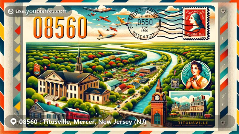 Modern illustration of Titusville, Mercer County, New Jersey, showcasing postal theme with ZIP code 08560, featuring Washington Crossing State Park, Baldpate Mountain, the Delaware River, and historical references.