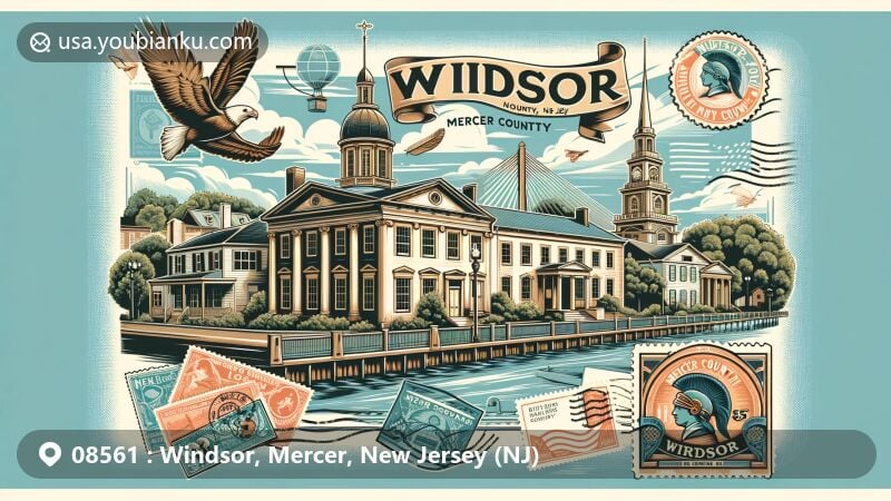 Creative illustration of Windsor, Mercer County, New Jersey, featuring historic district with Georgian and Greek Revival architecture, vintage postal theme with '08561 Windsor, NJ', and symbols of Mercer County.