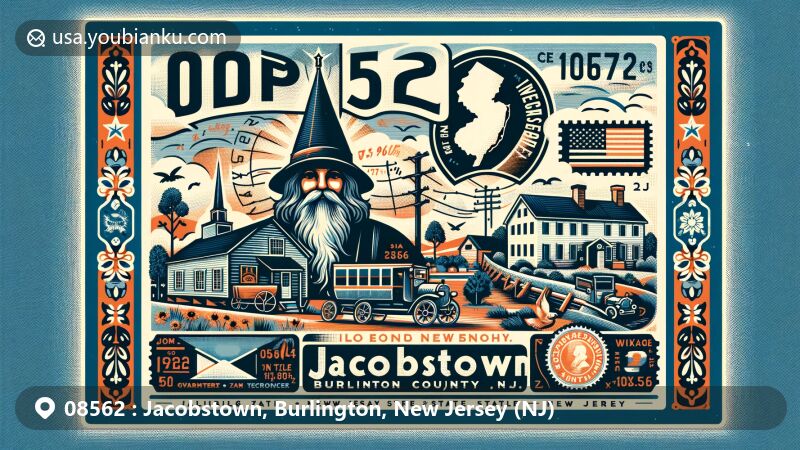 Modern illustration of Jacobstown, Burlington County, New Jersey, showcasing postal theme with ZIP code 08562, featuring Quaker figure and historical references to Jacob Andrew. Includes vintage postcard backdrop, postal stamp with New Jersey state flag, and postal marks.