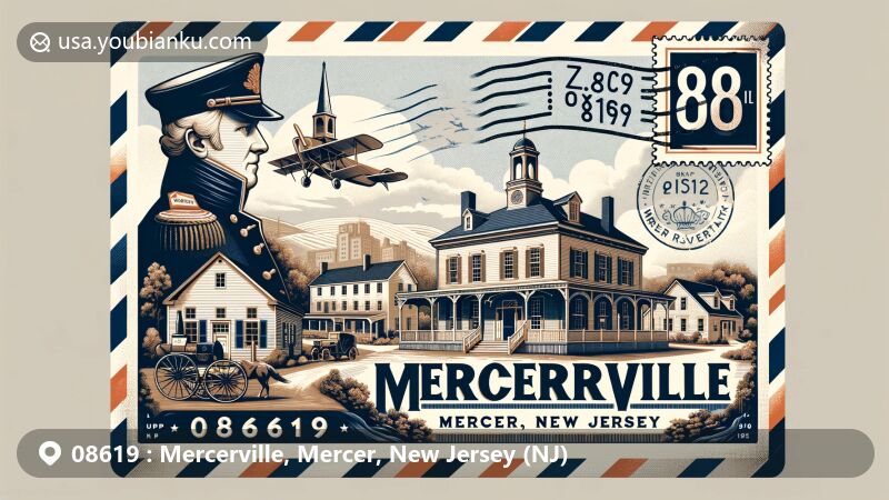 Modern illustration of Mercerville, New Jersey, depicting historical landmarks and postal theme with ZIP code 08619, featuring Isaac Watson House and John Abbott II House.