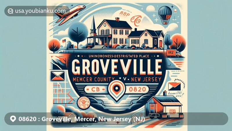 Modern illustration of Groveville, Mercer County, New Jersey, featuring ZIP code 08620 and postal theme, showcasing suburban environment with a mix of land and water.