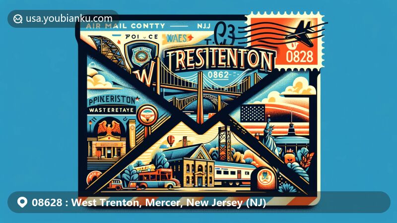 Modern illustration of West Trenton, Mercer County, New Jersey, centered around postal theme with key landmarks like New Jersey State Police HQ, Trenton Makes Bridge, Princeton Battlefield State Park, and Morven Museum. Incorporates postal elements and vibrant colors in a contemporary style.