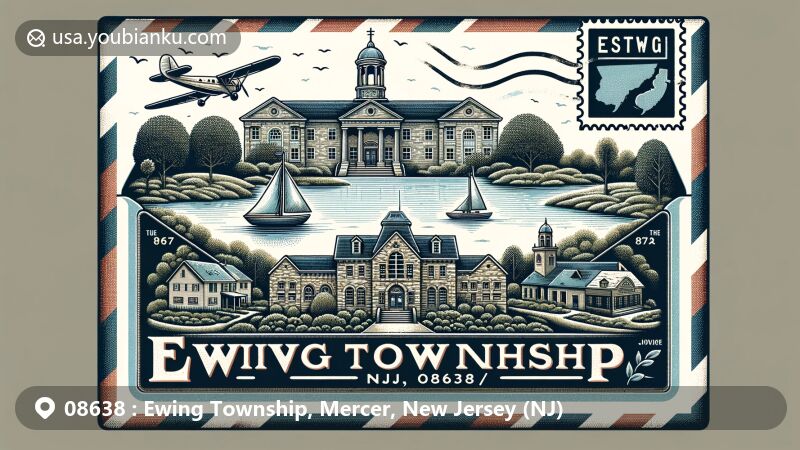 Modern illustration of Ewing Township, Mercer County, New Jersey, highlighting postal theme with 1867 Sanctuary, The College of New Jersey, Lake Sylva, and Delaware River, encapsulating area's cultural and aviation history, featuring vintage air mail envelope.