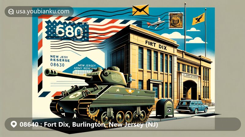 Vibrant illustration of Fort Dix, Burlington County, New Jersey, showcasing military history with tank, U.S. Army Reserve Museum, and state flag, alongside postal theme with airmail envelope and stamp bearing ZIP code 08640.