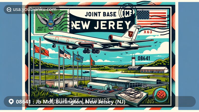 Modern illustration of Joint Base McGuire-Dix-Lakehurst, New Jersey, featuring military symbol amidst state flag and scenic landscape, with postal theme including ZIP code 08641.
