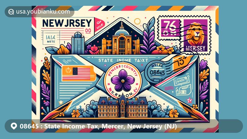Modern illustration of ZIP Code 08645 showcasing creative airmail design with New Jersey and Mercer County symbols, featuring violet stamp, Mercer postmark, and Princeton University building.