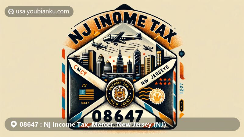 Modern illustration of ZIP Code 08647, Nj Income Tax, Mercer County, New Jersey, showcasing unique postal theme with Trenton skyline, New Jersey symbols, and postal elements.