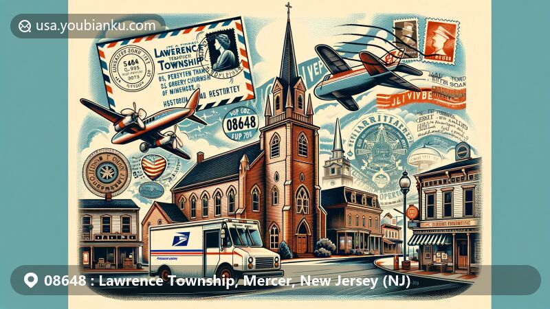 Modern illustration of Lawrence Township, Mercer County, New Jersey, highlighting postal theme with ZIP code 08648, featuring historical district landmarks like the Presbyterian Church of Lawrenceville and Main Street Historic District. Includes vintage air mail elements, stamps, postmark, and postal vehicles, capturing rich local history and architectural heritage.