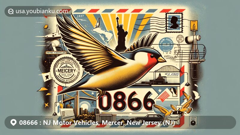 Illustration featuring New Jersey state flag background, showcasing 'NJ Motor Vehicles' airmail envelope with American Goldfinch stamp, ZIP code 08666 in Mercer County, and iconic state landmarks.