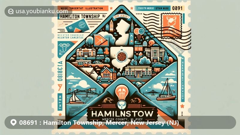 Modern illustration of Hamilton Township, Mercer County, New Jersey, featuring air mail envelope with symbolic elements like New Jersey outline, Hamilton Township, state flag, and Hamilton Square, highlighting community spirit and ZIP code 08691.