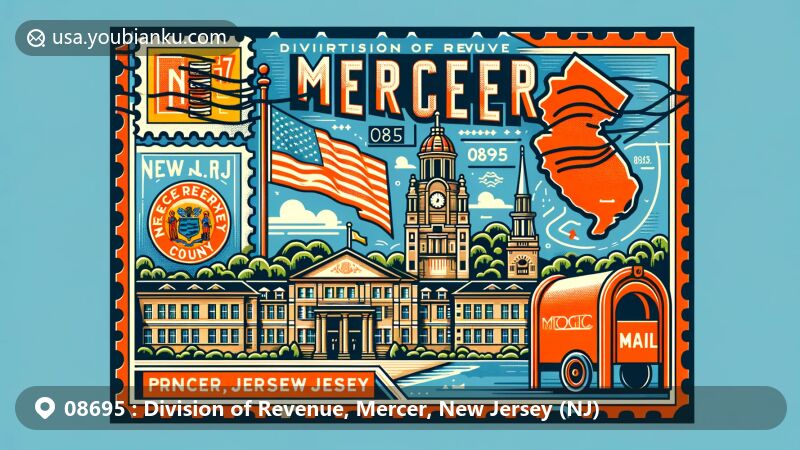 Illustration of postal theme for Division of Revenue, Mercer County, New Jersey, showcasing ZIP code 08695 in postcard style with state flag, county outline, and Princeton University architecture.
