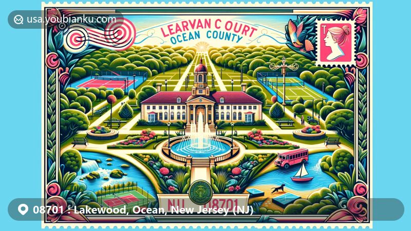 Modern illustration of Lakewood, Ocean County, New Jersey, featuring Georgian Court University, Ocean County Park, and Lake Shenandoah County Park, intertwined with postal elements including stamps and ZIP code 08701.