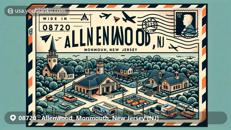 现代插画风格的08720邮编对应新泽西州蒙茅斯县Allenwood地区的插图，展示邮政主题及地标特征，包括Monmouth Battlefield State Park和Walnford House。设计简洁明快，突显地域文化。