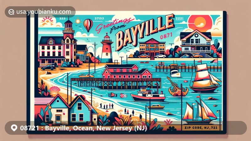Modern illustration of Bayville, Ocean County, New Jersey, showcasing Double Trouble State Park, local fishing industry, historical elements, and beautiful beaches, with 'Greetings from Bayville, NJ 08721' on a postcard design.