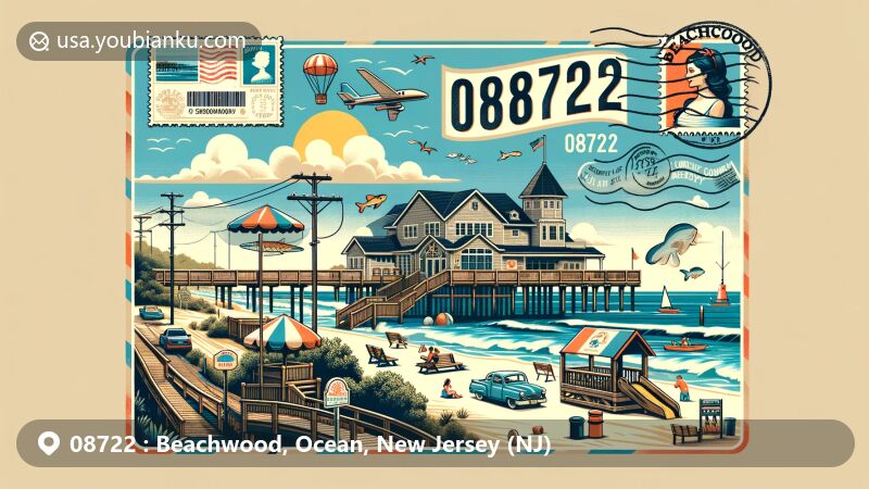Modern illustration of Beachwood, Ocean County, New Jersey, featuring postal theme with ZIP code 08722, showcasing picturesque beach, fishing pier, and playground symbolizing community amenities.