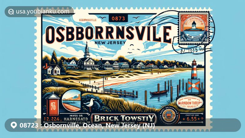 Modern illustration featuring Metedeconk River in Osbornsville, New Jersey, showcasing historical elements from Brick Township, such as Havens Homestead Museum, alongside modern postal motifs like vintage postage stamp with '08723 Osbornsville' and postmark stamp, capturing the essence of natural beauty and cultural heritage.