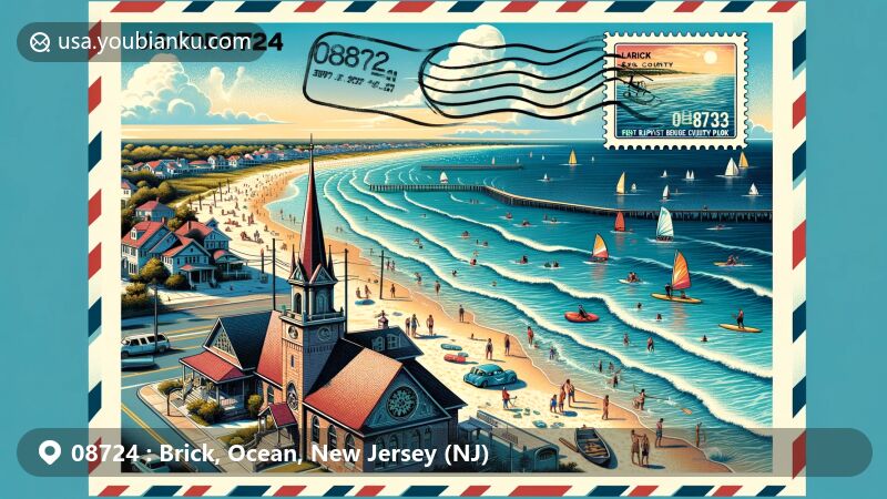 Modern illustration of Brick, Ocean County, New Jersey, featuring ZIP code 08724 with beach view, surfing, paddleboarding, fishing, First Baptist Church of Laurelton, Barnegat Bay, and Atlantic Ocean.