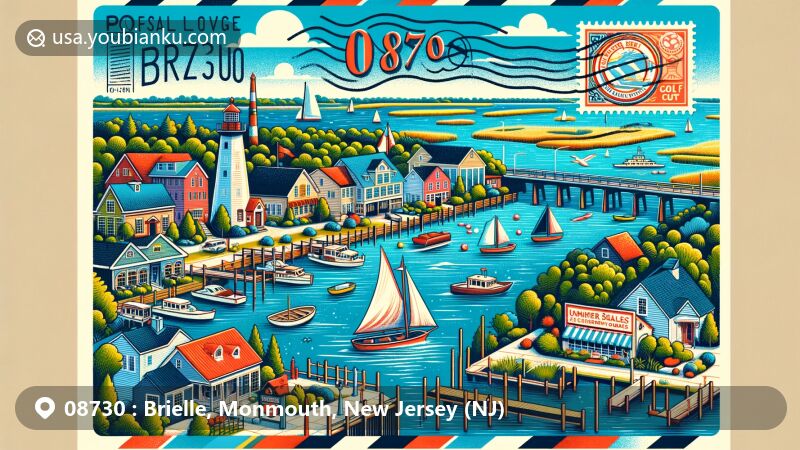 Modern illustration of Brielle, Monmouth County, New Jersey, featuring postal theme with ZIP code 08730, showcasing Manasquan River, historical landmarks, and community spirit.