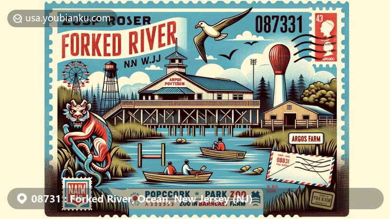 Modern illustration of Forked River, Ocean County, New Jersey, showcasing postal theme with ZIP code 08731, featuring Popcorn Park Zoo, Argos Farm, and natural beauty of Forked River leading to Barnegat Bay.