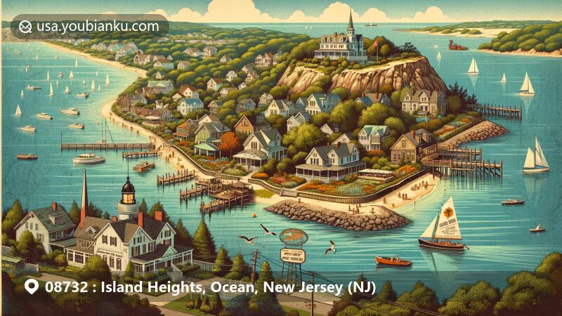 Vintage postcard-style illustration of Island Heights, New Jersey, featuring iconic landmarks like Island Heights Yacht Club and Victorian homes along Toms River. Integrates postal elements with ZIP code 08732, celebrating the borough's Victorian architectural charm and artistic heritage.
