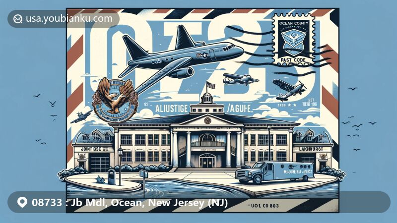 Creative modern illustration of Jb Mdl area in Ocean County, New Jersey, showcasing postal theme with ZIP code 08733, featuring Joint Base McGuire-Dix-Lakehurst, iconic aircraft, and historical buildings.