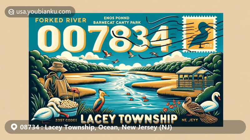 Modern illustration of Lacey Township, Ocean County, New Jersey, capturing natural beauty and postal theme with ZIP code 08734, showcasing Forked River flowing into Barnegat Bay and Enos Pond County Park.