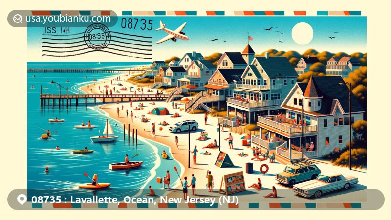 Modern illustration of Lavallette, New Jersey, featuring iconic beach activities like surfing and volleyball, tranquil bay area for fishing and kayaking, vibrant community spirit with local shops, and postal elements including ZIP code 08735.