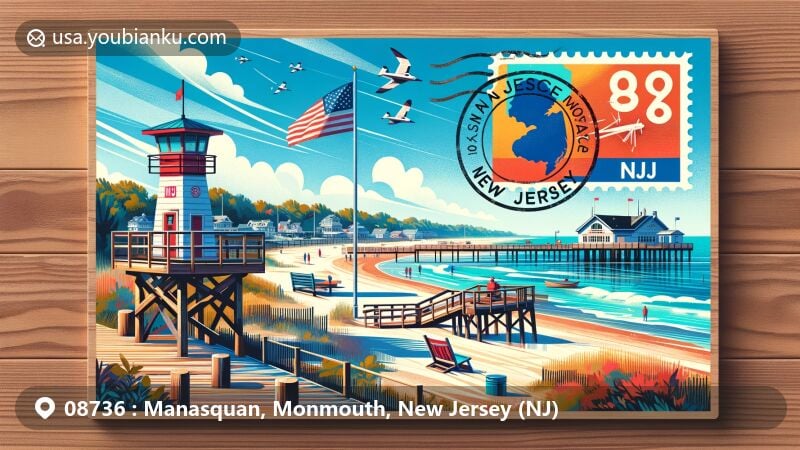 现代插画风格的描绘了新泽西州Manasquan的风景，包括海滨木板路、Squan Beach Life-Saving Station #9和Fisherman's Cove Conservation Area，右上角有展示邮政编码“08736”和新泽西州简称“NJ”的邮票元素。新泽西州州旗巧妙融入背景，展现地方特色。