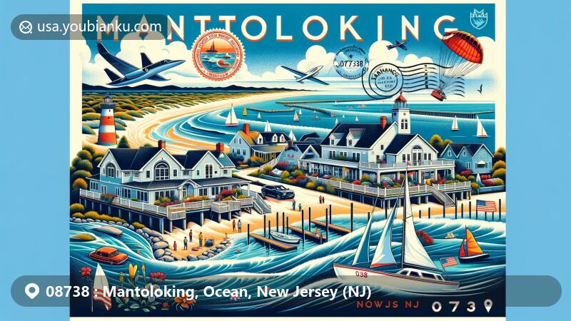 Modern illustration of Mantoloking, New Jersey, featuring postal theme with ZIP code 08738, showcasing yacht club, post-disaster recovery, and vibrant community spirit.