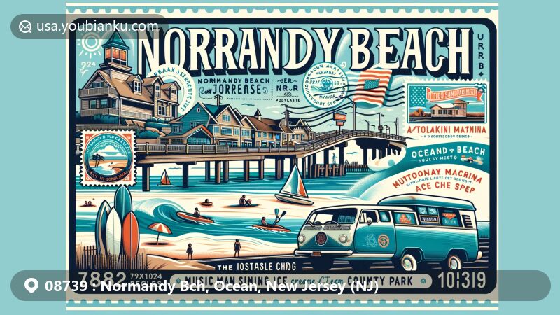 Modern illustration of Normandy Beach, Ocean County, New Jersey, capturing vibrant coastal community vibes with beach culture and local landmarks like Coastline Adventures Surf School, Ocean Beach Marina Aqua Rentz, The Music Man Singing Ice Cream Shoppe, and Mantoloking Bridge County Park. Postal-themed artwork features a New Jersey flag stamp, '08739' postal code postmark, and a vintage postal van on the beach in a wide-format postcard style, blending natural beauty and community spirit.